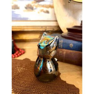 Vintage Carnival Glass Cat Figurine Iridescent Art Glass Kitty 3.5 Inch Collecti